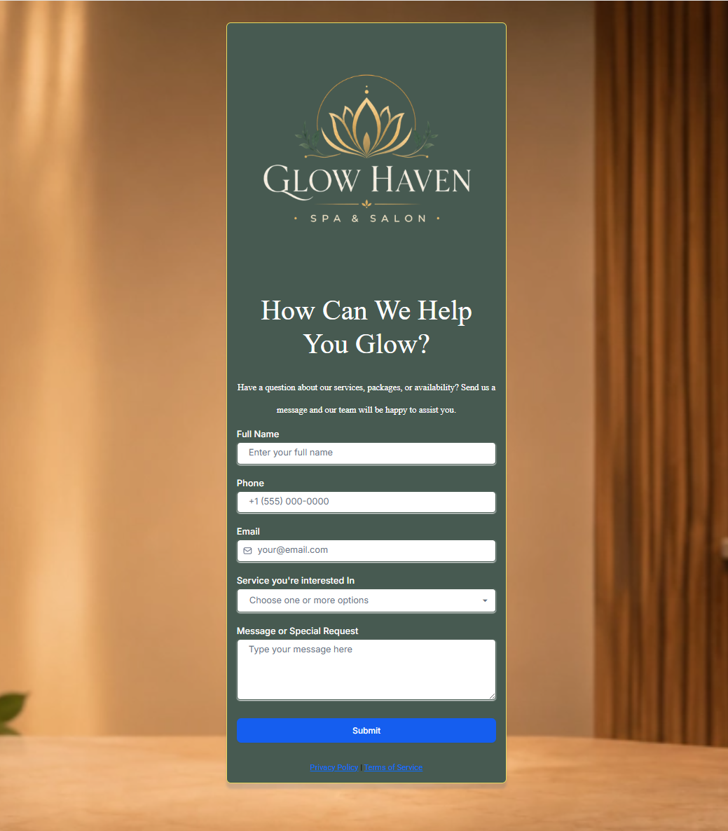 Glow Haven appointment booking page screenshot