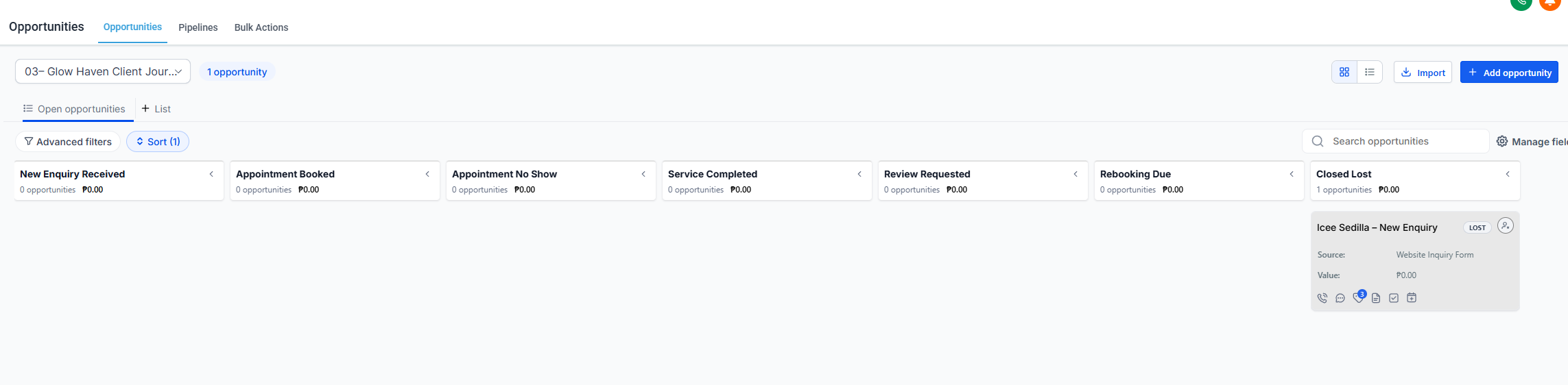 Glow Haven CRM pipeline preview