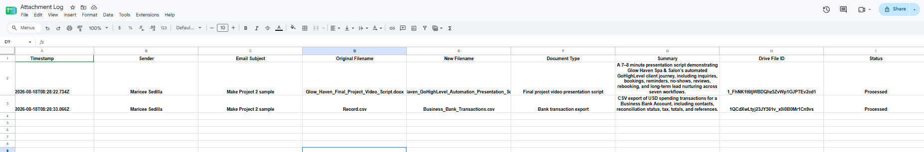 AI attachment processing log preview