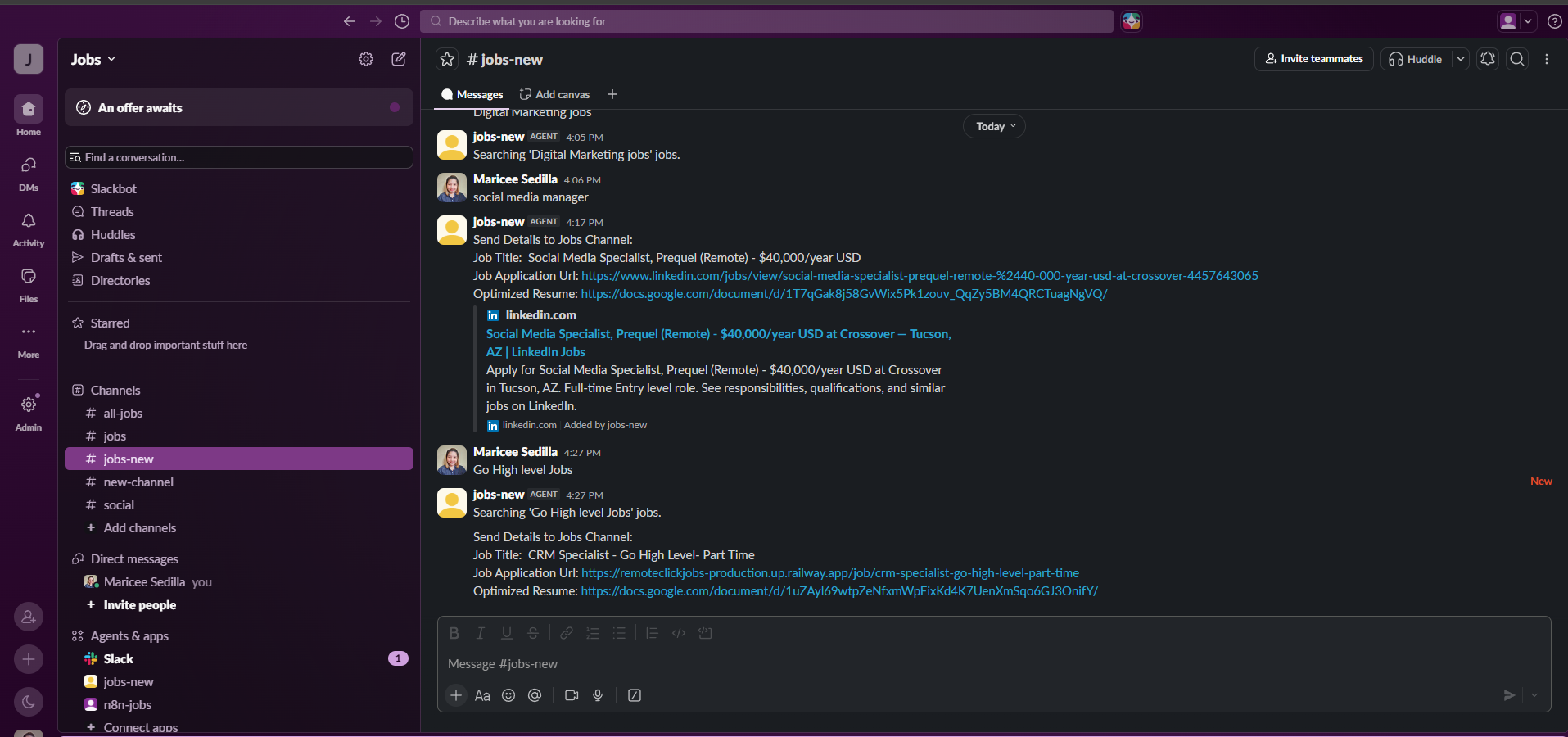 Output preview from the AI job scraper and resume optimizer workflow
