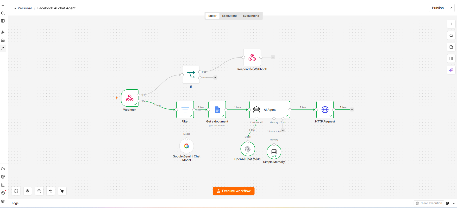 AI-powered Facebook Messenger chat agent workflow preview